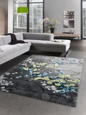 Designer Teppich Kurzflor Wohnzimmerteppich Blumen grau türkis blau