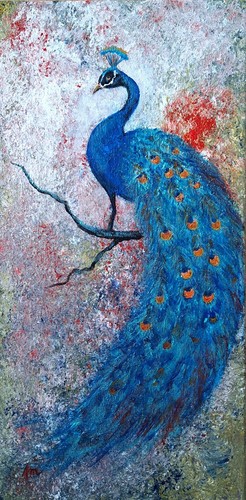 Pfau blau gemälde 30x60 - blau, cm