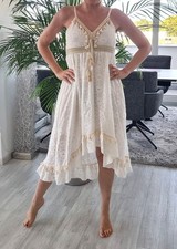 Boho Vintage Ibiza Kleid weiß beige 38 M Volant Party Bohemian Sommer Hippie