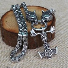 🔥 Herren Edelstahl Wikinger Kette 🐺 Wolfskopf Mjölnir Thors Hammer Amulett ⛓️