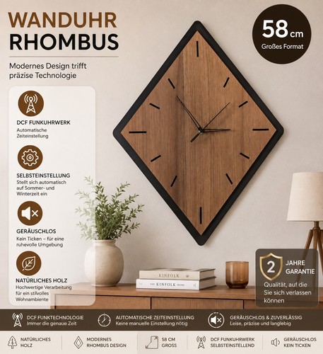 Wanduhr rhombus groß holz - wanduhr, dcf