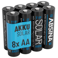 ABSINA 8x Solar Akku AA wiederaufladbar - Solarbatterie für Lampen & Leuchten
