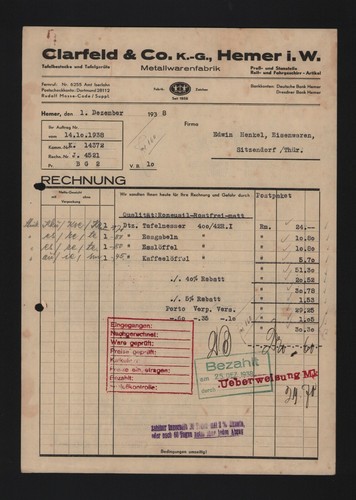Hemer rechnung 1938 clarfeld - 1938,,