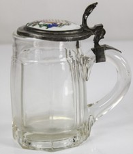 Bier Krug Glas Zinn Montierung Deckel Porzellanmalerei ~ 1900 Seidl Seidla 1/2 L