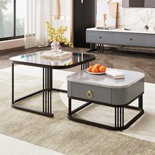 Couchtisch 2er Set Beistelltisch mit Schublade Wohnzimmertisch Marmoroptik&Glas