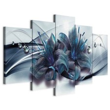 Wandbild 5 tlg Groß Wohnzimmer Leinwand Bilder Abstrakt Blau Blumen Modern Deko