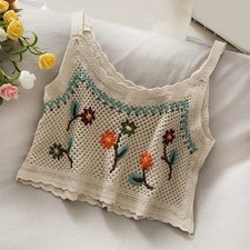 Damen Boho ausgehöhlte bestickte Weste mit rückenfreier und hängender Halsfun