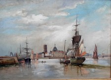 Gemälde: Hafen mit Schiffen