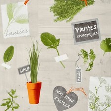 Wachstuch  Tischdecke "Basilic" Kräuter beige grün  1,4m Br. Meterware Küche