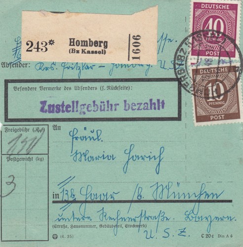 Paketkarte 1948 fritzlar - paketkarte,