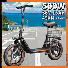 14 Zoll 500W Elektroroller 36V 16AH E-Roller E-Scooter 45km mit Sitz + Tragekorb