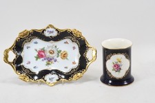 C26M58- 2x Porzellan echt Kobalt goldstaffiert u Blumen Schale und Vase