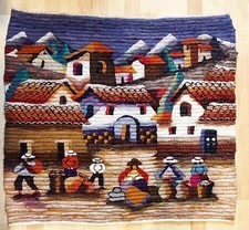 Vintage Wandvorhang Peru Alpakawolle 97x97cm Decke Handgemacht gewebt Tapisserie