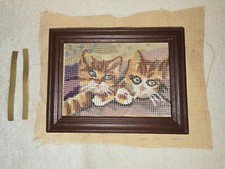 Stickbild Katze, mit Holzrahmen; 16,5 x 12,5 cm