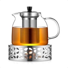 Ecovoe Teekanne 1000mL Glass Stövchen Edelstahl Tea Warmer Silber