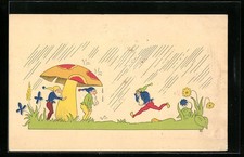 Zwerge im Regen und unter dem Pilz, Ansichtskarte 
