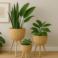 Blumentopf 3er Set Rattan Pflanztopf Blumenkasten Pflanzenständer Braun Natur