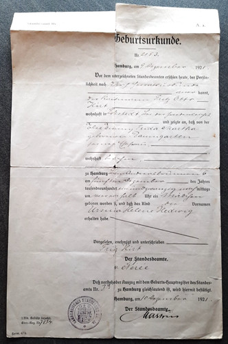 Alte geburtsurkunde von 1921 - von,