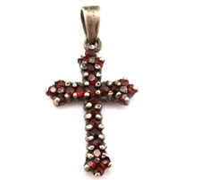 TOP Kreuz-Anhänger 925 Sterling Silber Granat Vintage Cross Pendant Silver *F