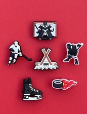 6 x Schuhstecker/Shoe Charms EISHOCKEY/SCHLITTSCHUH/TOR/HOCKEY/PUCK