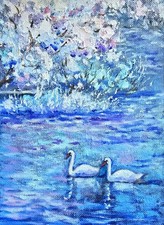 Schwäne im Winterlandschaft Ölmalerei 15x20 cm Original auf Leinwandgewebe