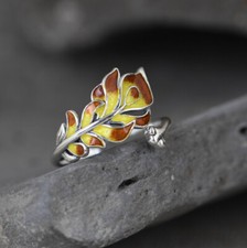I05 Cloisonne Ring Pfau gelb-braune Pfauenfeder Sterling Silber 925