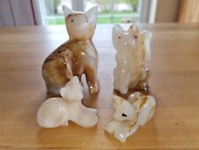4x Katze Steinfigur Konvolut, Edelstein Speckstein Onyx Winkekatze handgefertigt