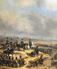 antikes Ölgemälde Schlacht Kampf Reiter Soldaten Stadt 19JH.