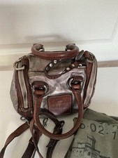 Campomaggi Bauletto Bowling Bag Leder Tasche Klein Silber Braun Stoffbeutel