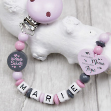 ♥ Schnullerkette mit Namen ein bisschen Mama Papa ♥ Rosa Grau Geschenksäckchen ♥