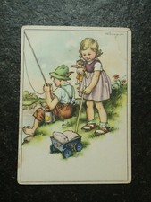 Alte AK , Mädchen mit Puppenwagen und Puppe , Junge angelt , Lingen , (J50)