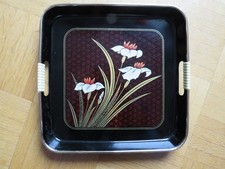 schwarz gold Schellack? Servier Tee Blumen Motiv Tablett Japan Griffe 27x27cm