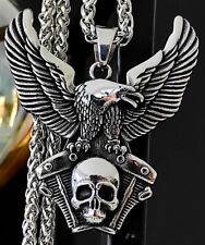 Adler Totenkopf Motor Anhänger Edelstahl Halskette Herren Schmuck Biker KE174B