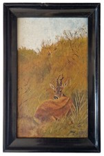 ? Antikes kleines Ölgemälde auf Platte - Tier Malerei Wild Reh - 33 x 21,8 cm