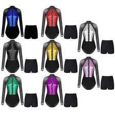 DE Freebily Frauen Tanz Eiskunstlauf Strass Langarm Leotard Shorts Kostüm Set