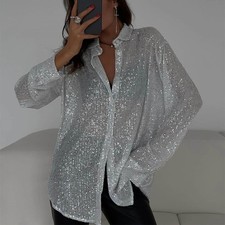 Damen Pailletten Hemd Bluse