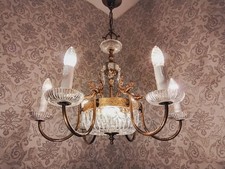 antik  Kronleuchter Deckenlampe Korblüster Bronze Kristall Messing  ca .1920