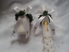  Taufe Kommunion Tropfschutz Kerze  Buchsbaum mit weißer Schleife und Gold Kelch