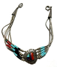 925 Sterling Armband Zuni Indianerschmuck Edelstein Inlay Handarbeit L 18,5 cm
