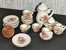 Kaffee-Service 17-teilig "Rosa-Grün"- Miniatur Puppenhaus, Puppenstube 1:12