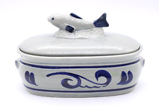 Gerzit Fisch Keramik Topf mit Deckel W.-Germany grau / blau Vintage 23 x 13,5 cm