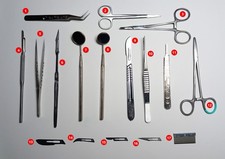 GEBRAUCHT Schere Gefäßklemme Pinzette Mundspiegel Skalpell Schaber NEU Klingen