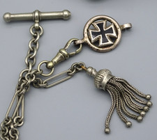 Patriotika: Alte Uhrenkette/ Kette für Taschenuhr mit EK; T-Bar + Quaste; Silber