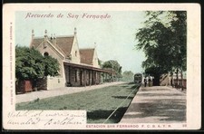 AK San Fernando, Estacion San Fernando F. C. B. A. Y. R. con un tren, Bahnhof 