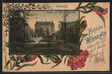 Holzbrand-Imitations-AK Chemnitz, Börse mit Beckerdenkmal, Nelke 1901 