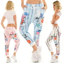 Damen Freizeit Hose Harem JogPants Baggy Boyfriend gestreift Blumen-Schrift-Mix