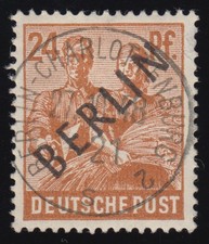 9 I Schwarzaufdruck 24 Pf mit PLF I Strich zwischen Gürtel und Kelle, O 27.10.48