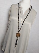 Lange Kette gold farbiger Lebensbaum Anhänger Boho schwarz gold farbig