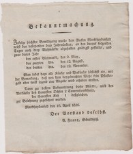 Marktheidenfeld: Altes Dokument: Bekanntmachung Jahrmarkt-Termine v. 10.04.1816