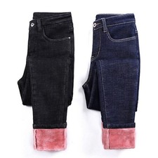 Damen Denim Hose Dicke Thermo Warm Gefüttert Stretch-Jeans Slim Bleistift Hose